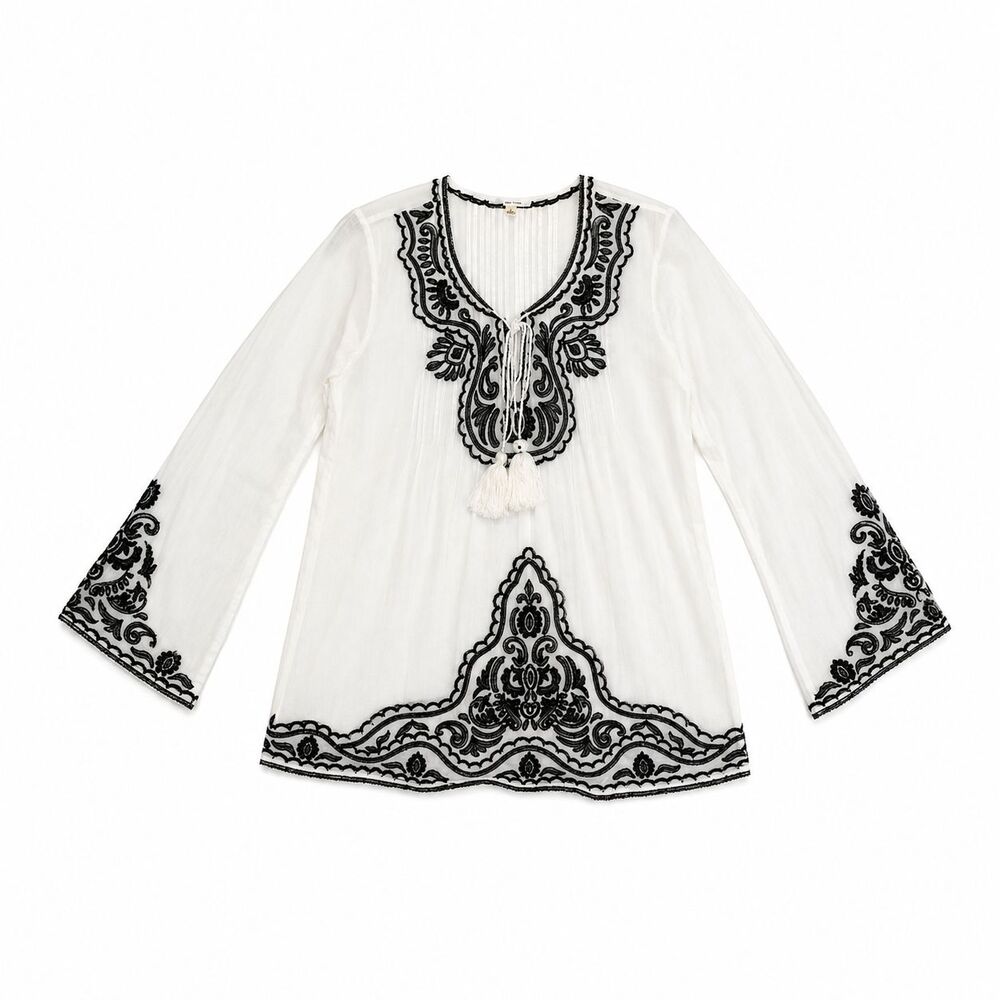 Sophia Max Women Boho Peasant Shirt Lg White Black Striped Floral Embroidered